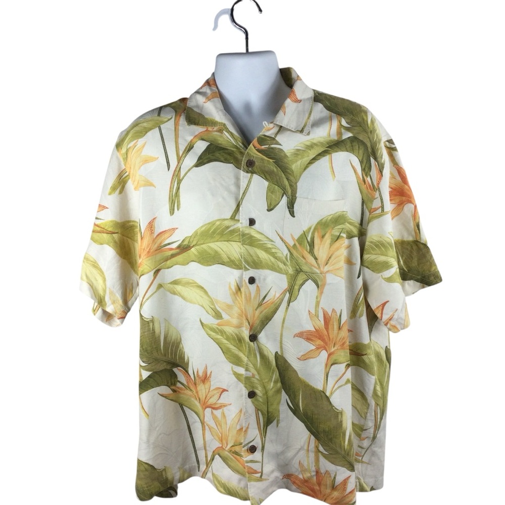 Tommy Bahama Silk Hawaiian Green/Orange Bird of Paradise Men's Camp Shirt, Large